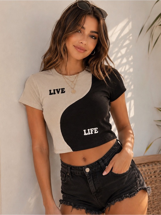 Forever 21 Tops - Forever 21 Live Life Yin Yang Crop Top Black White Waffle Knit Medium
